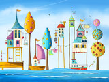 Watercolor magical houses (city, street) with water, boats, trees and birds. Hand drawn illustration.