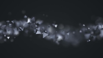 Poster - Abstract 3d rendering of chaotic low poly shapes. Computer generated flying polygonal pyramids in empty space. Futuristic background design with bokeh effect. 4k UHD