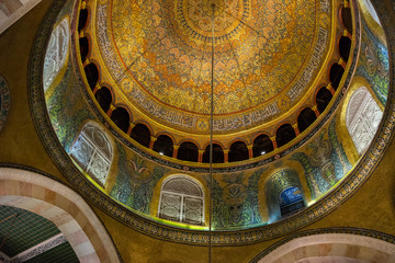 BAITULMUQADDIS, PALESTINE - 13TH NOV 2017; Internal view of Al-Aqsa Mosque, Jerusalem. Built in 691, where Prophet Mohamed ascended to heaven on an angel in his 