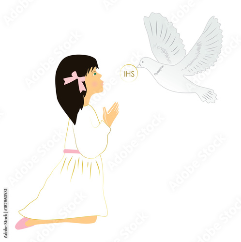 Short Brown Hair Girl Praying On Her First Holy Communion