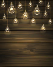 Brown Vector Wooden Background With Light Bulbs. Edison's Lamps Hang On Wires From The Ceiling And Illuminate The Space For Your Text.