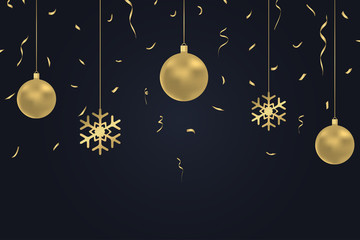 Aufkleber - New Year dark background with gold Christmas balls, confetti and snowflake. Winter holiday card, banner, poster with golden decoration with space for text. Vector illustration.