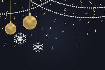 Aufkleber - New Year dark background with gold Christmas balls and silver snowflakes, golden confetti and argent beads. Winter holiday card, banner, decoration poster with space for text. Vector illustration.
