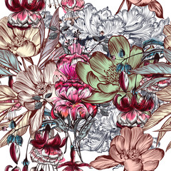  Beautiful pattern illustration with flowers in watercolor style
