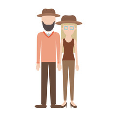Wall Mural - faceless couple colorful silhouette and both with hat and him with beard and sweater and pants and shoes and her with glasses t-shirt sleeveless and pants and heel shoes with long straight hair vector