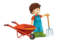 Cartoon Scene Young Boy Near Wheelbarrow - Farming Tools Illustration For Children
