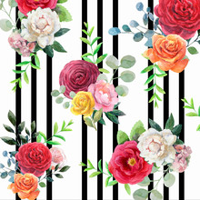 Pattern With Watercolor Flowers And Black Stripes. Orange,red, Yellow Roses,white And Pink Peonies,leaves With Black Stripes On White.Floral Compositions In Trend Style For Textile,wallpaper,wrapping.