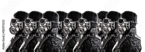 Fotomural Line of futuristic nazi soldier gas mask and steel helmet isolated on white stud