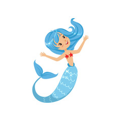 Sticker - Beautiful little mermaid from underwater world. Cartoon mythical girl with blue hair and fish tail. Sea and ocean theme. Flat vector illustration