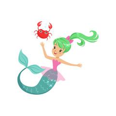 Poster - Smiling mermaid girl swimming with friendly crab underwater. Cartoon mythical sea creature with green shiny hair and fish tail. Flat vector illustration