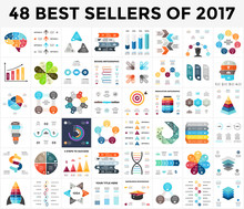 Vector Infographics Set. 48 Best Sellers Of 2018. Business Diagrams, Arrows Graphs, Startup Presentations And Idea Charts.