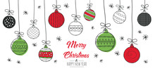 Merry Christmas Greeting Card Red And Green With Modern Baubles. Vector Illustration.
