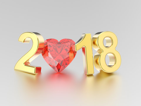 3D illustration new year 2018 gold numbers and a red diamond heart