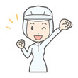 A female worker wearing white sanitary clothes is smiling with a fist raised