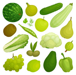 A set of fruits and vegetables of green color. Green food. Vector illustration.