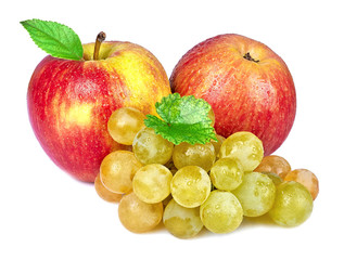 apples and grapes on white background