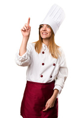 Canvas Print - Beautiful chef woman touching on transparent screen