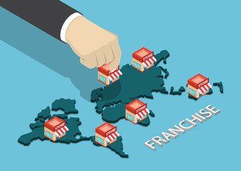 Poster - isometric businessman hand put franchise store on world map.