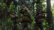 © Gorodenkoff - Three Fully Equipped Soldiers Wearing Camouflage Uniform Attacking Enemy, They're in Shooting Ready Stance, Aiming Rifles. Military Operation in Action, Squad Standing in Dense Forest.