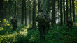 © Gorodenkoff - Fully Equipped Soldiers Wearing Camouflage Uniform Attacking Enemy, Rifles Ready to Shoot. Military Operation in Action, Squad Running in Formation Through Dense Smokey Forest. Back View Footage.