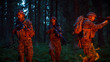 © Gorodenkoff - Squad of Five Fully Equipped Soldiers in Camouflage on a Reconnaissance Military Night Mission. They're Lit by Red Flare and Move Through Dense Forest.