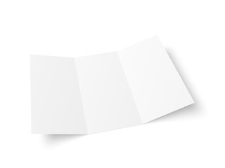 Poster - Vector blank white trifold booklet opened on white background. Perspective. Mock up of empty cover or flyer isolated. Soft shadows.