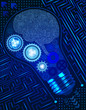 Technological futuristic background with light bulb, gears and microchip of blue and white shades. Motherboard brain elements