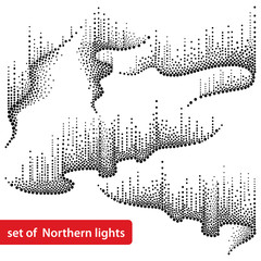 vector set with dotted swirls of northern or polar light in black isolated on white background. auro
