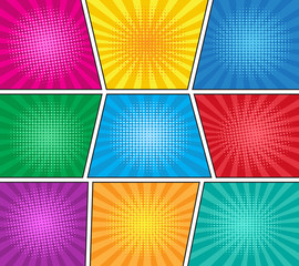 Wall Mural - retro comic colorful striped background with halftone. vector illustration, vintage design, pop art 