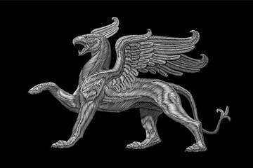 white textured embroidery griffin textile patch design. fashion decoration ornament fabric print. mo