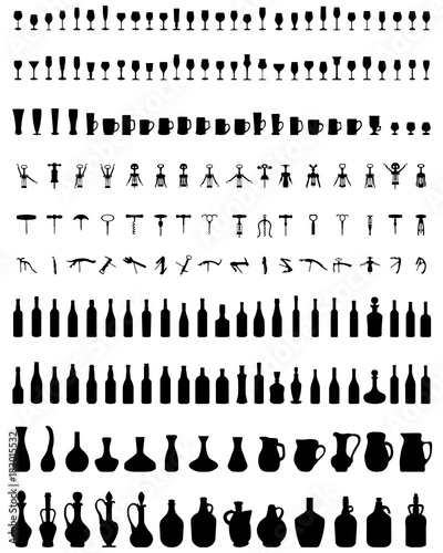 Fotomural Silhouettes of bowls, bottles, glasses and corkscrew on a white background