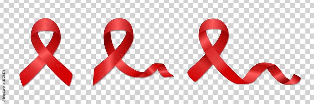 Vector set of realistic isolated red ribbons for World Aids Day on the transparent background. - obrazy, fototapety, plakaty 