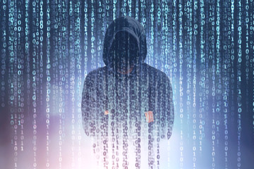 Poster - Unrecognizable hacker, zeros and ones
