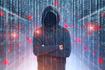 Poster - Unrecognizable hacker, zeros and ones, network