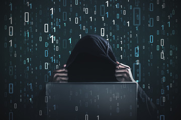 Poster - Hacker, zeros and ones, laptop, black