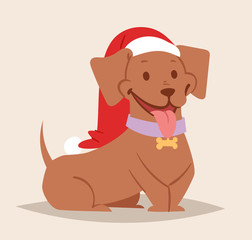 Wall Mural - Christmas dog vector cute cartoon puppy characters illustration home pets doggy different Xmas celebrate poses in Santa Red Hat