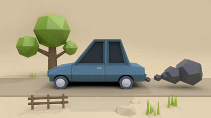 Wall Mural - low poly car country road minimal cream background 3d rendering