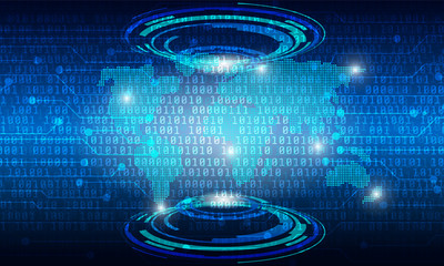Poster - Circuit Board With Binary Code Vector Background. Blue Abstract Elements Space Cyber World Map Digital Security Number Hi Technology Concept Illustration.