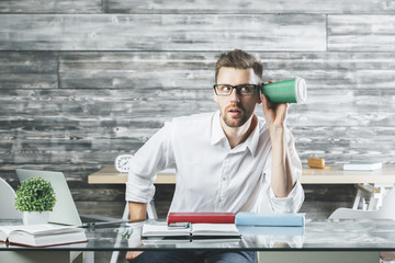 Poster - Weird white suspicious businessman at workplace