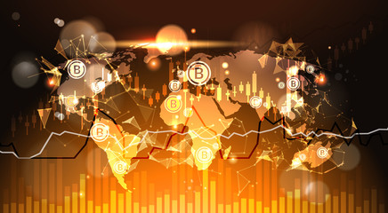 Poster - Bitcoins Over World Map Background Finacial Charts And Graphs Modern Crypto Currency Digital Money Concept Vector Illustration