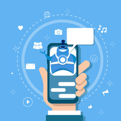 Poster - chatbot concept support robot technology digital chat bot application on smart phone vector illustra