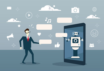 Poster - man chatting with chat bot from digital tablet or cell smart phone digital support technology vector