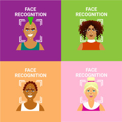 Poster - Set Of Face Recognition Icons, Biometric Scanning Of Male And Female Users Modern Identification Technology Vector Illustration