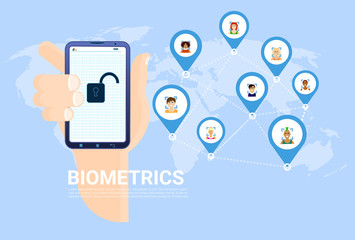Poster - biometrics scanning concept hand hold smart phone over world map with users background facial recogn