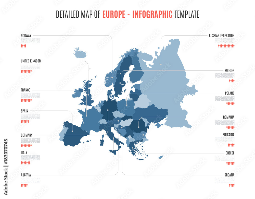 Detailed map of Europe. Vector template for infographics. - obrazy, fototapety, plakaty 
