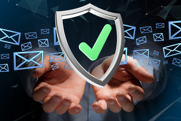 Poster - Shield symbol displayed on a futuristic interface - 3d rendering