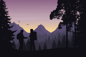 Wall Mural - two tourists walking through a mountain landscape with a forest looking for a path in the map under 