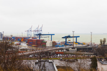 seaport with containers and loaders in Odessa