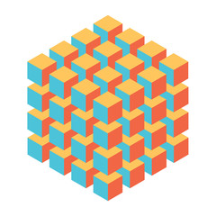 Wall Mural - Geometric cube of smaller isometric cubes. Abstract design element. Science or construction concept. 3D vector object.