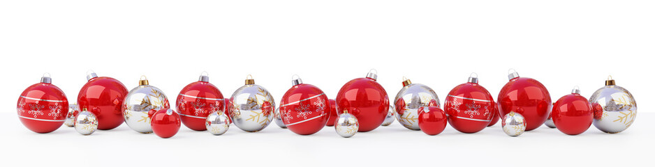 Red and white christmas baubles lined up 3D rendering